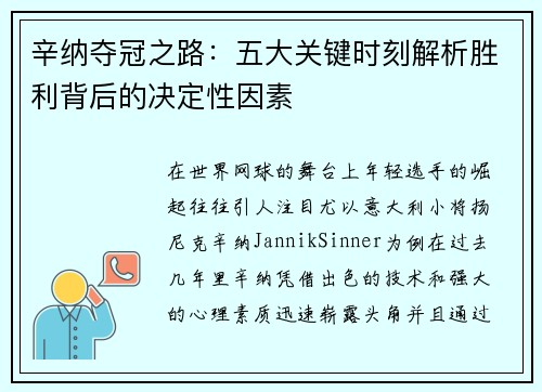 辛纳夺冠之路：五大关键时刻解析胜利背后的决定性因素