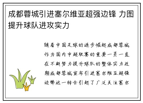 成都蓉城引进塞尔维亚超强边锋 力图提升球队进攻实力