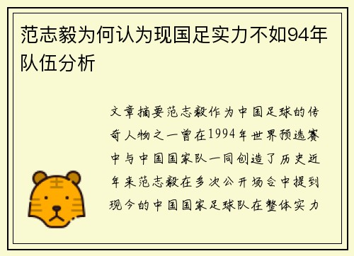 范志毅为何认为现国足实力不如94年队伍分析