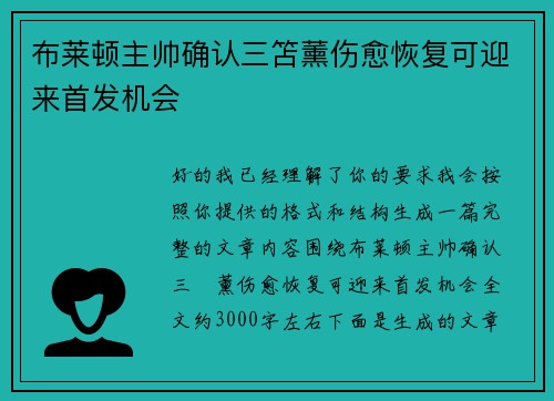 布莱顿主帅确认三笘薰伤愈恢复可迎来首发机会 布莱顿主帅确认三笘薰伤愈恢复可迎来首发机会
