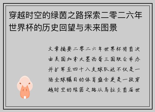 穿越时空的绿茵之路探索二零二六年世界杯的历史回望与未来图景